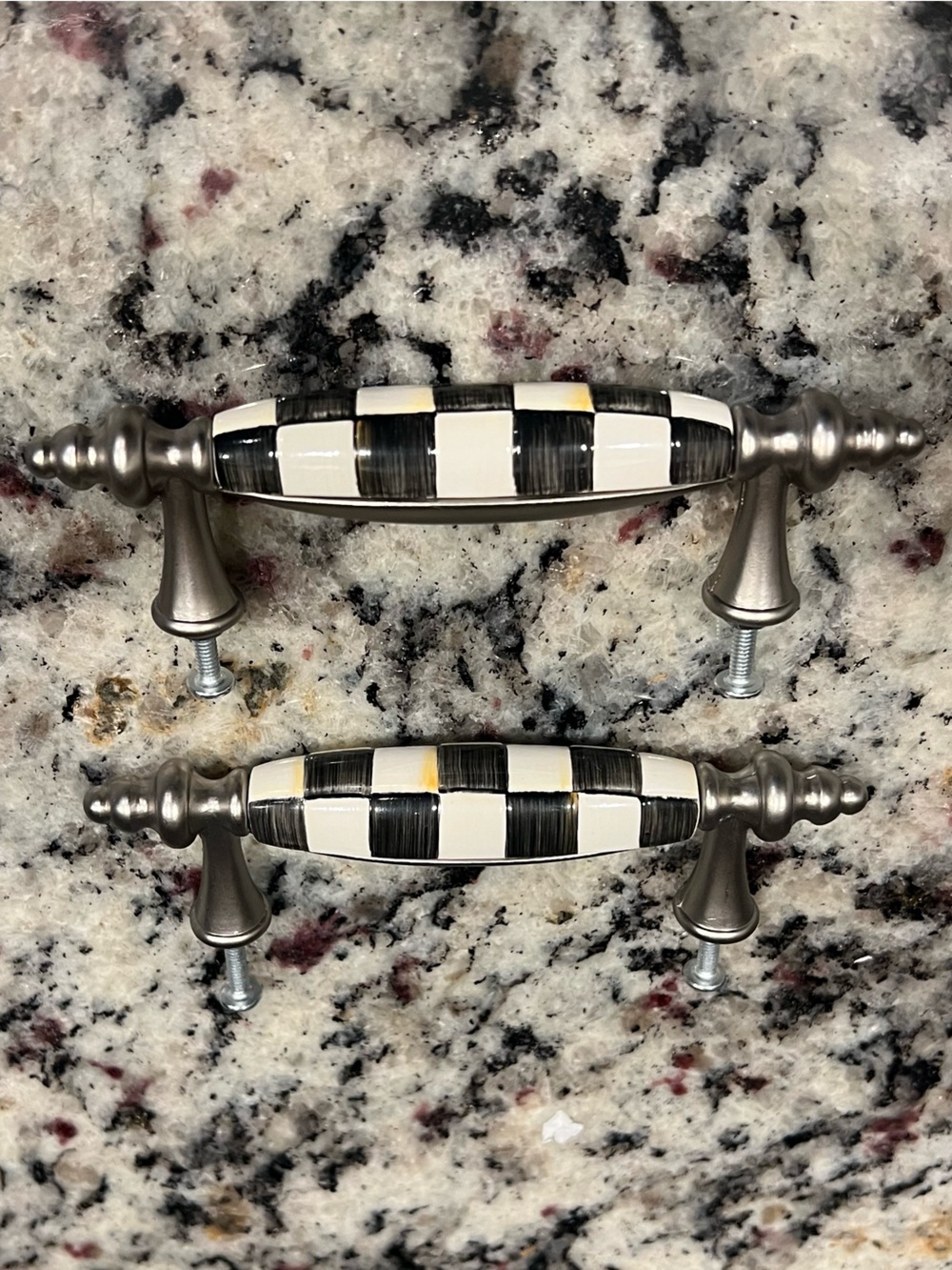 Mackenzie-Childs Courtly Check Nickel Drawer Pulls. Set of 2. New w/ tags.